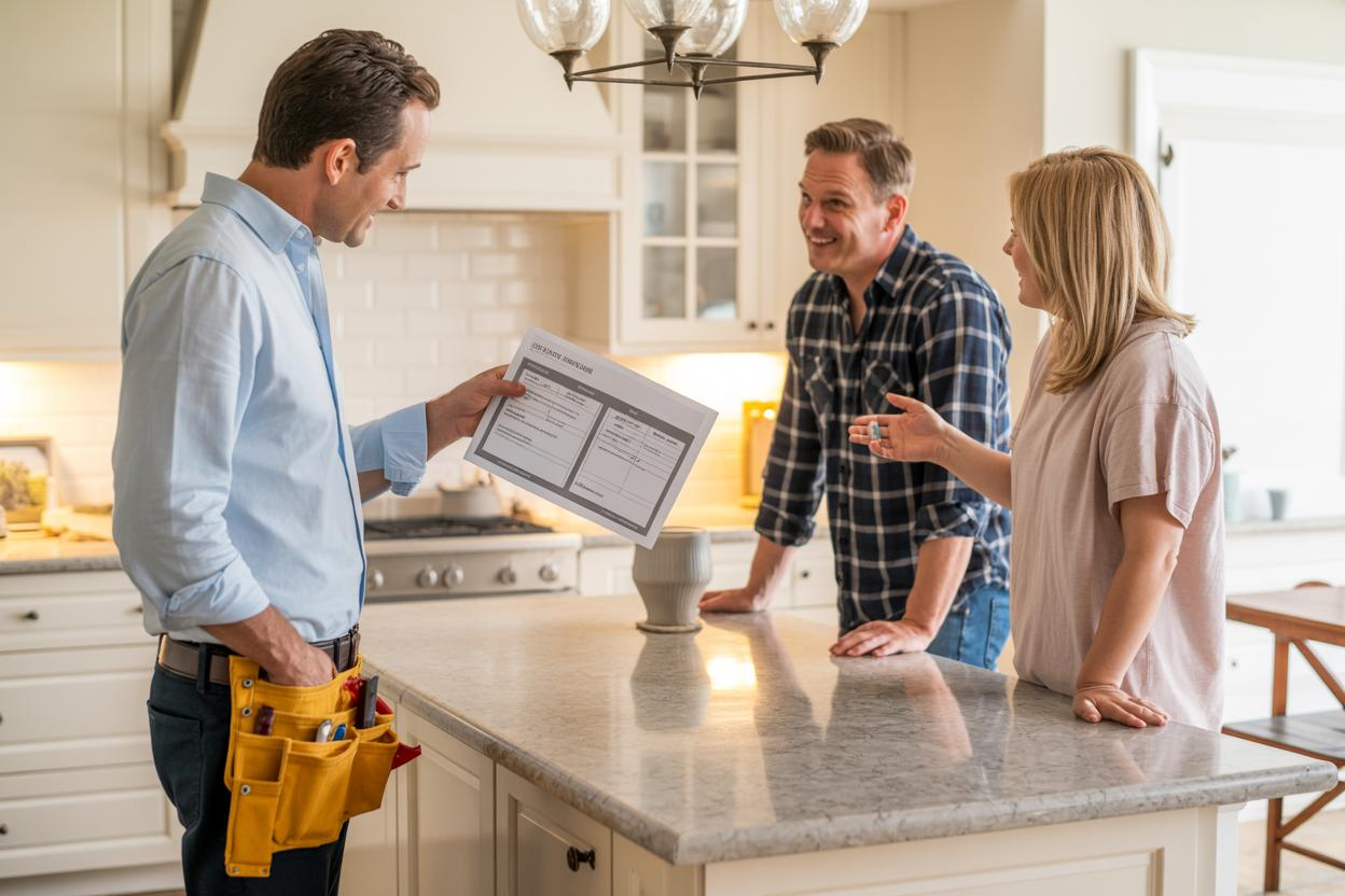 Contractor reviewing a project estimate with homeowners in a modern kitchen
