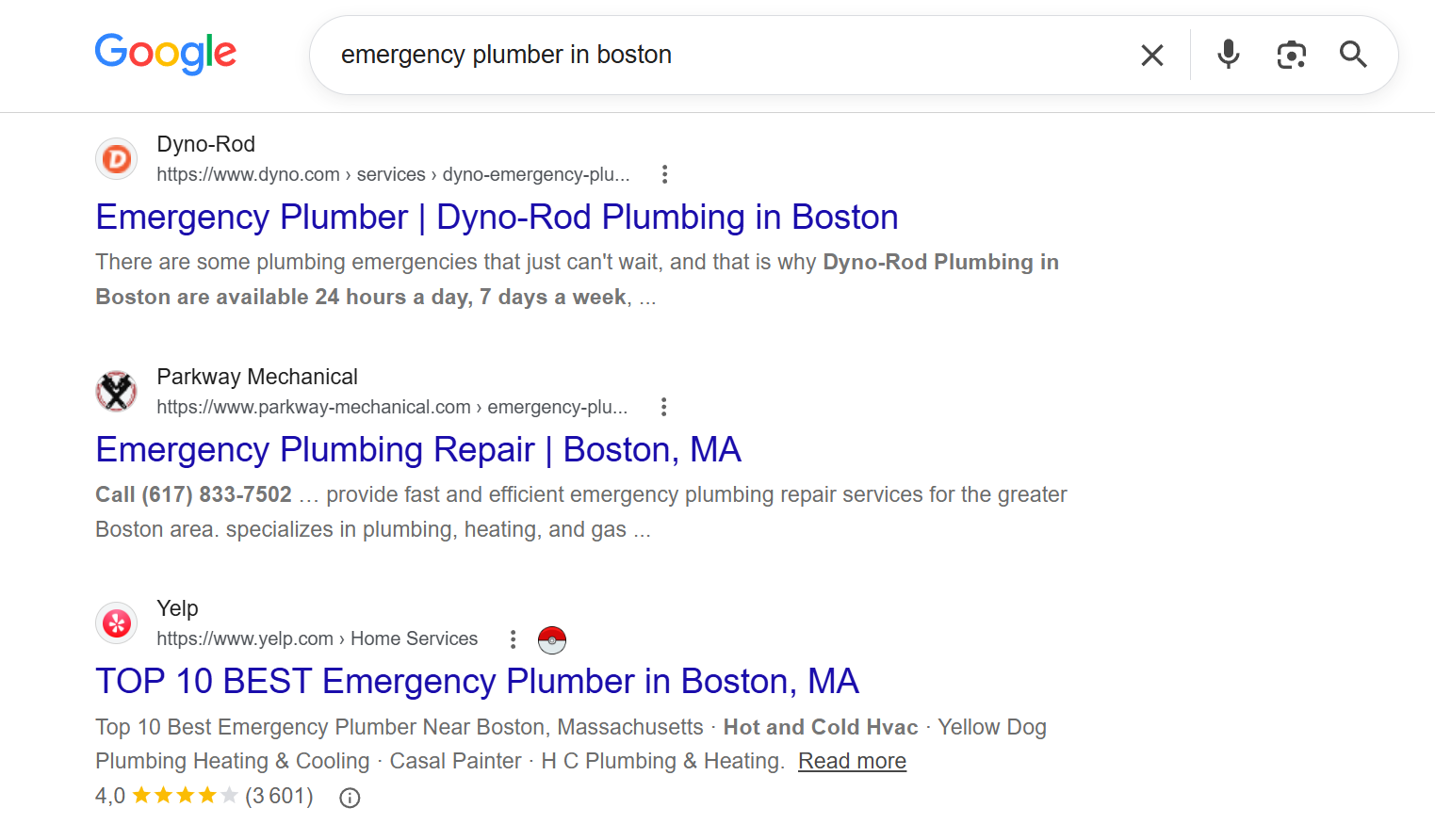 Google search results for emergency plumber in Boston, showing local contractor listings on the first page