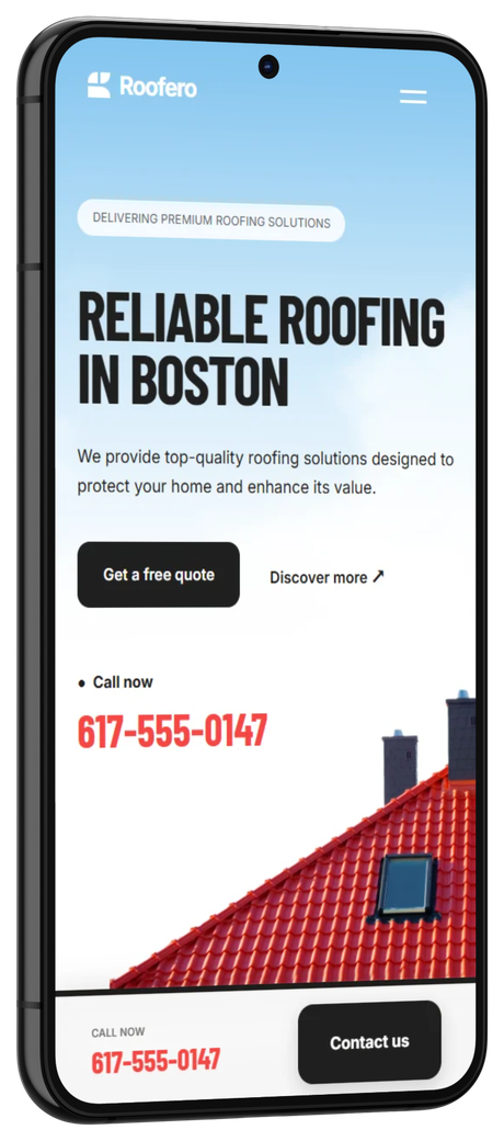 Roofix roofing website displayed on an Android phone