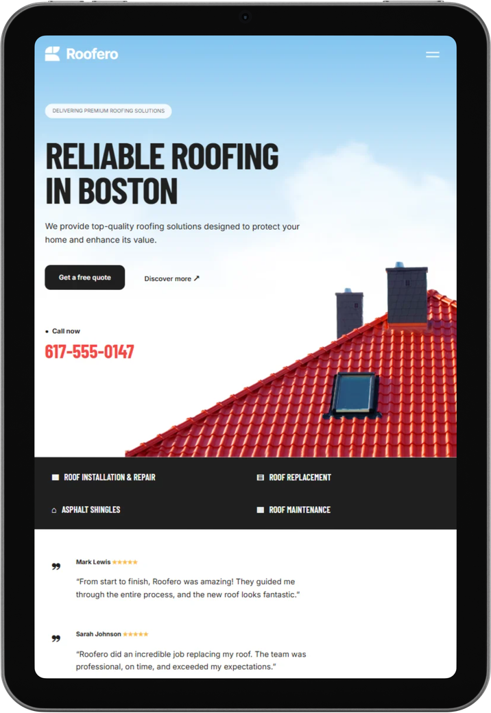 Roofix roofing website displayed on a tablet